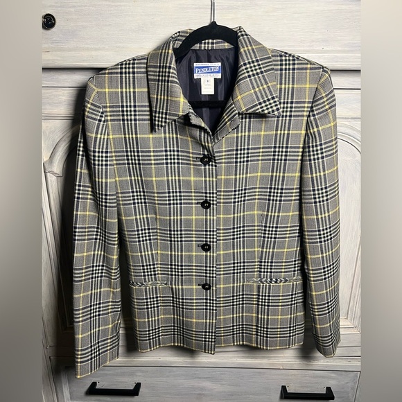 Vintage Pendleton Navy‎ & Yellow Tartan Plaid Virgin Wool Blazer Preppy Academia - Picture 1 of 7